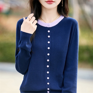 时尚撞色针织开衫外套女2025新款春秋款外穿短款女装秋冬毛衣图片
