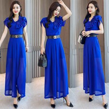 2022年夏季韩版时尚不规则花边拼接上衣+显高阔腿裤两件套，女装套装/套裙，火爆靓佳人