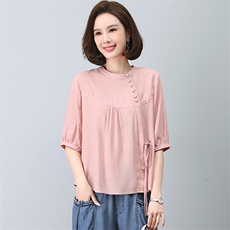 天丝T恤女2023新款夏季时尚中年妈妈小个子遮肉显瘦宽松棉麻上衣，女装T恤，忆绮罗