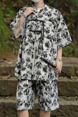 2025夏季新中式冰丝垂感花衬衣宽松休闲五分套装男TZ666-P58控78，男装休闲套装，电商C305A