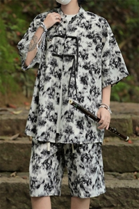 2025夏季新中式冰丝垂感花衬衣宽松休闲五分套装男TZ666-P58控78图片