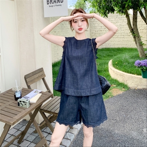 藏青色盐系一整套蕾丝花边牛仔套装女2025夏季新款背心短裤两件套图片
