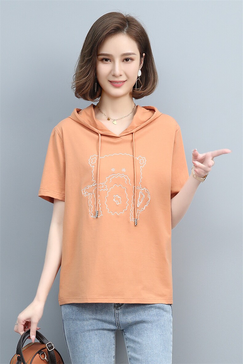 2023夏季新款简约时尚气质圆领休闲舒适连帽T恤,女装T恤,玛其路
