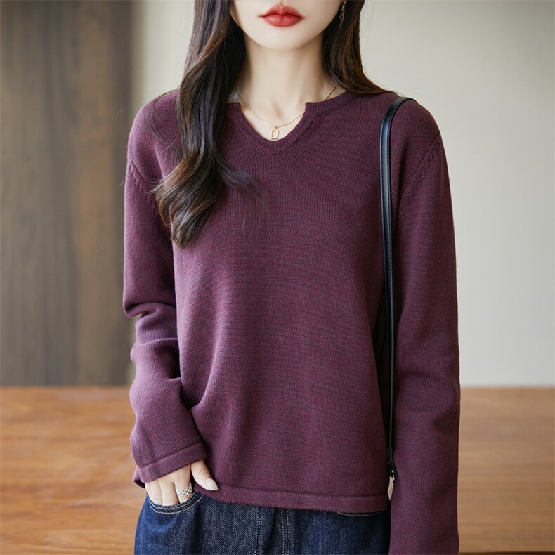 高品质100纯棉线V领针织衫女宽松显瘦加厚打底衫春秋新款全棉上衣,针织衫/毛衣,丹芙娇羊绒