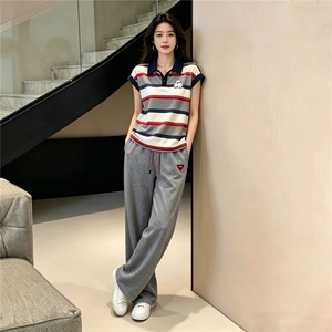 高级感时尚休闲运动套装女夏季新款POLO条纹短袖上衣阔腿裤两件套图片 高级感时尚休闲运动套装女夏季新款POLO条纹短袖上衣阔腿裤两件套图片