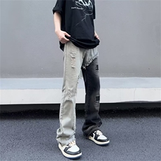嘻哈高街vibe破洞毛边撞色拼接牛仔裤男ins潮牌直筒微喇裤子-K716，男装牛仔裤，星座601-1