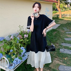 慵懒风松弛感黑色T恤裙女夏季2025新款独特设计感鱼尾拼接连衣裙，女装连衣裙，2C316