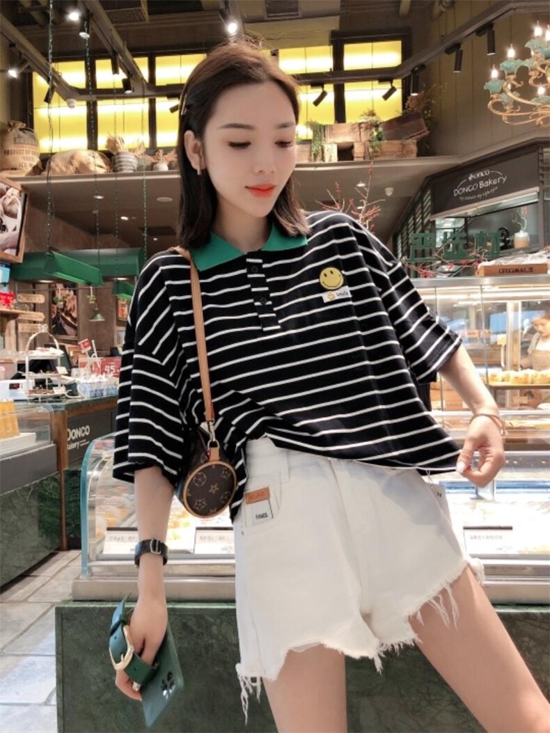 韩版条纹POlO上衣，百搭，女装，一杭