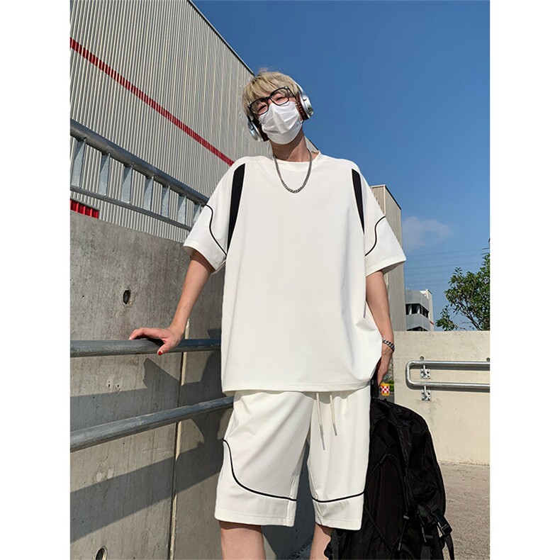 美式拼接短袖T恤套装上衣T3688特P27控58-裤子DK8650特P26控49,男装T恤,电商A007
