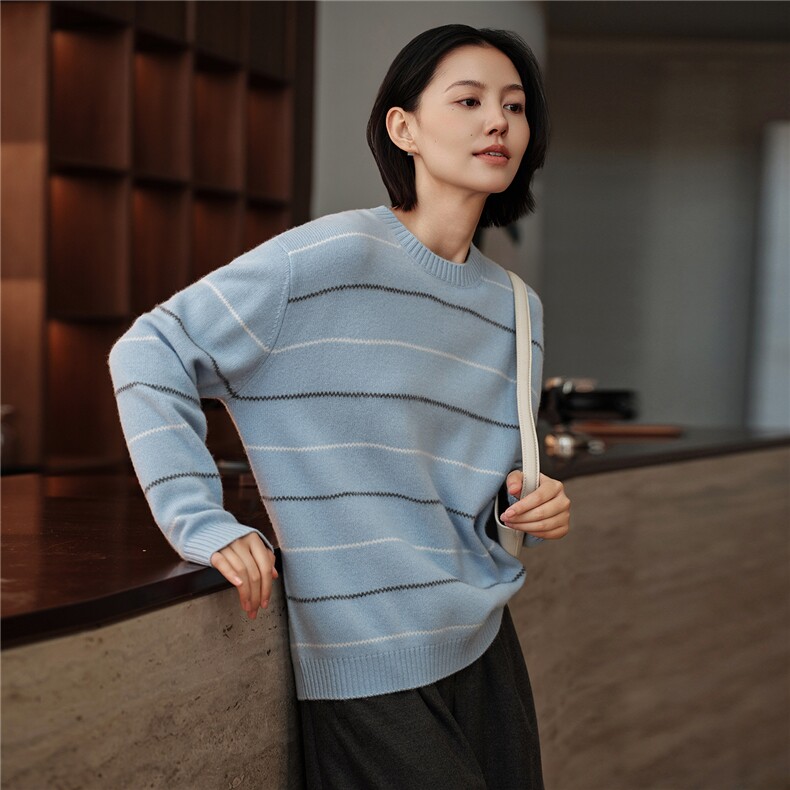 2025秋冬新款女羊绒衫100%纯山羊绒加厚宽松针织衫条纹羊绒套衫,女装羊绒衫,绒知纯羊绒