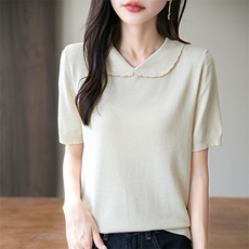 娃娃领甜美减龄短袖针织衫夏季新款宽松显瘦纯色洋气上衣遮肉短款，女装针织衫/毛衣，萱芳婷羊绒