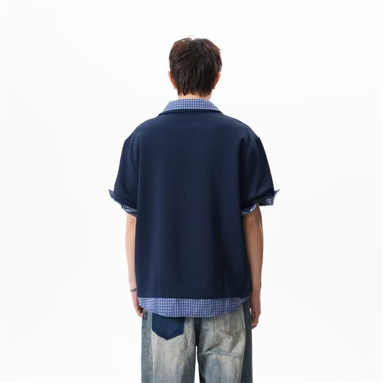 美式设计感格子拼接短袖POLO衫宽松休闲潮牌打底衫CS091,男装T恤,星座208-5
