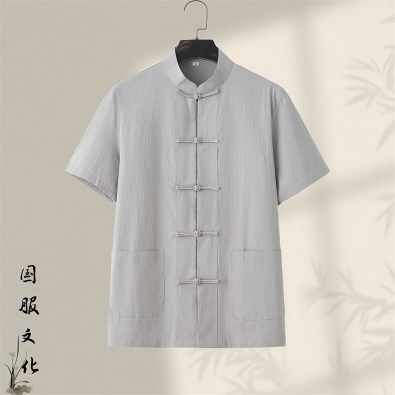 夏季大码盘扣棉麻短袖衬衫新中式风纯色复古微领衬衣GF2501-P55,男装衬衫,星座1105-3