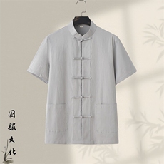 夏季大码盘扣棉麻短袖衬衫新中式风纯色复古微领衬衣GF2501-P55，男装衬衫，星座1105-3