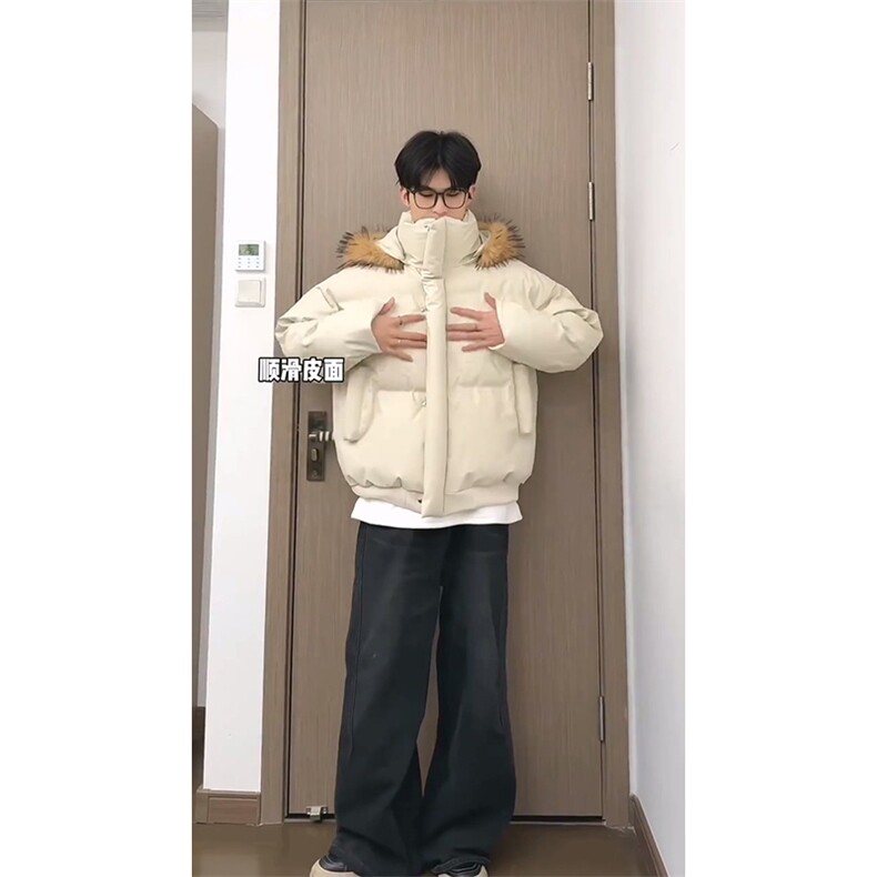 现货三防重磅硬挺boxy短款羽绒棉衣座山雕大毛毛领PU皮棉服外套冬,男装棉衣,电商A443