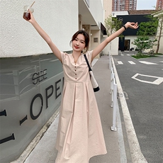 法式粉色V领连衣裙女2025夏季新款轻熟风修身显瘦中长款衬衫裙子，女装连衣裙，维壹