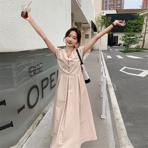 法式粉色V领连衣裙女2025夏季新款轻熟风修身显瘦中长款衬衫裙子图片