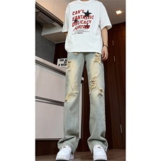 B221美式ins高街暗黑小众微喇破洞牛仔裤LK24185-P65控88，男装牛仔裤，电商B221