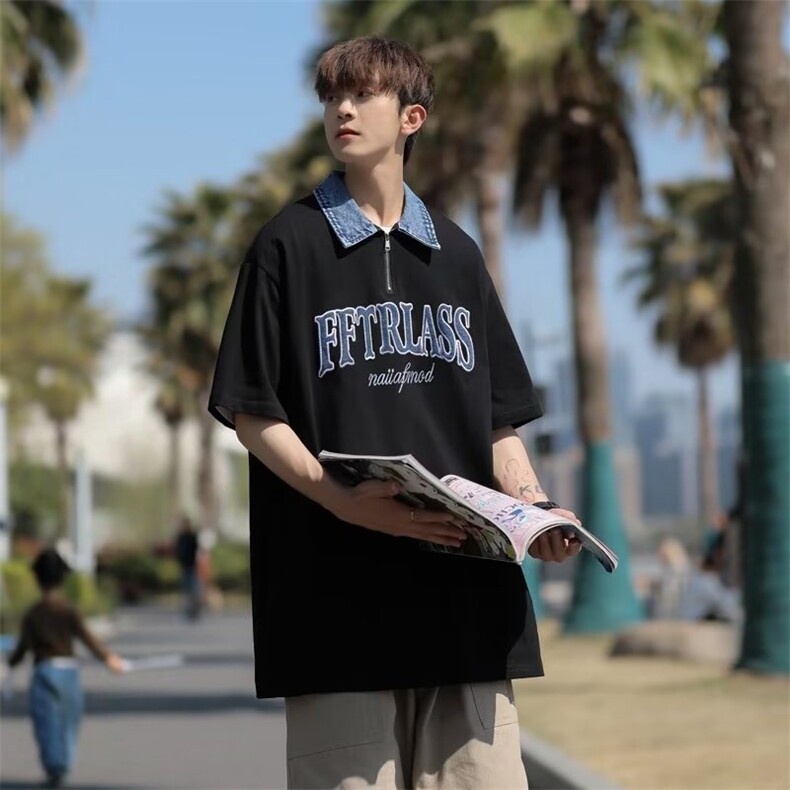 日系五分袖春夏季新款衬衫潮流慵懒男方领牛仔领棉衬衫W13P37,男装衬衫,星座1116-2