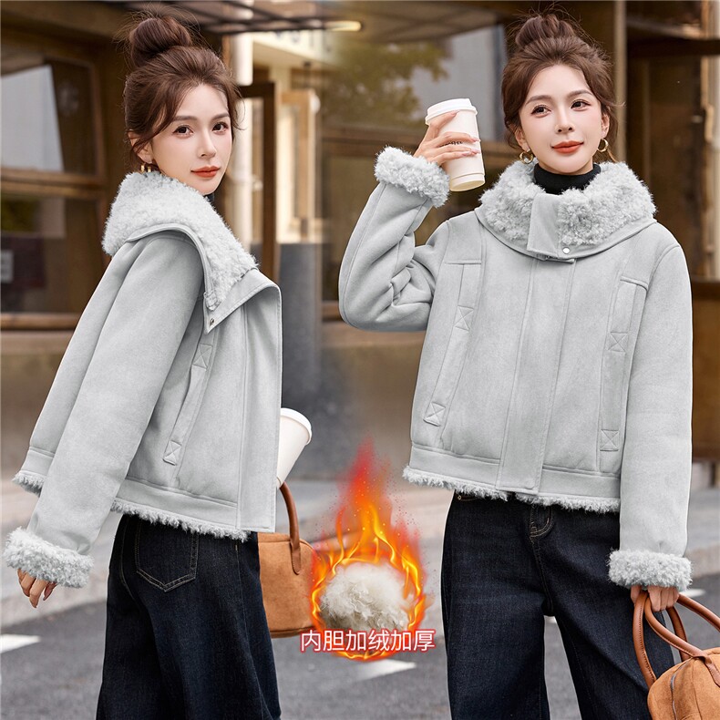 2025冬季新款复古短款皮毛一体,女装羊羔毛/颗粒绒,伊航服饰