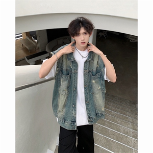 wassup happy毛边牛仔马甲男夏季潮流美式工装坎肩上衣服休闲外套图片