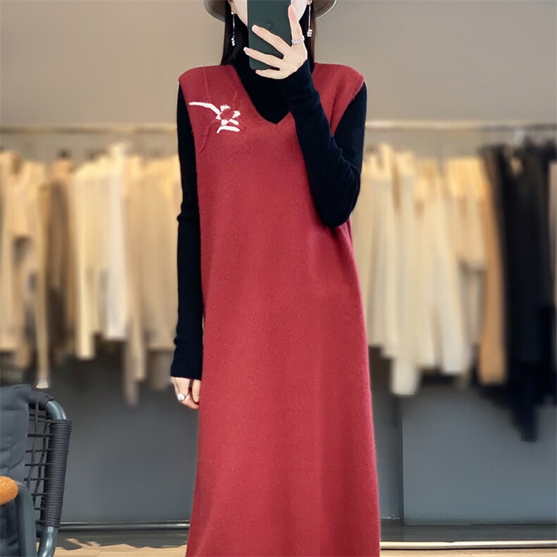 羊毛针织马甲连衣裙女V领无袖套头中长款背心JN2335,女装连衣裙,江南羊绒