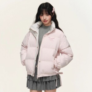 韩系多巴胺撞色羽绒棉服外套女冬季ins甜美蝴蝶结立领奶棉袄