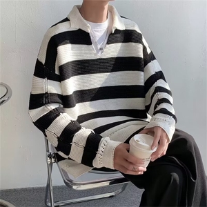 条纹polo领设计感卫衣男春季新款港味复古T1821-P48图片