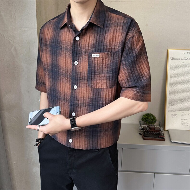 2025新款冰丝短袖格子衬衫男士翻领潮牌宽松上衣A313-W8012-P75图片