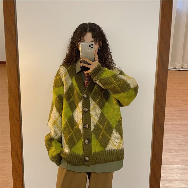 美式复古绿菱格毛衣开衫外套男女秋冬季日系慵懒风宽松休闲针织衫,男装针织衫/毛衣,星座506A