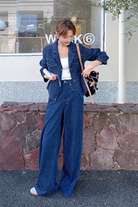 时尚穿搭慵懒风牛仔套装裤女秋季2025新款轻国风衬衫阔腿裤两件套图片