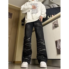 2026新款美式复古做旧水波纹牛仔裤男宽松欧美高街vibe裤子XF919，男装牛仔裤，星座506