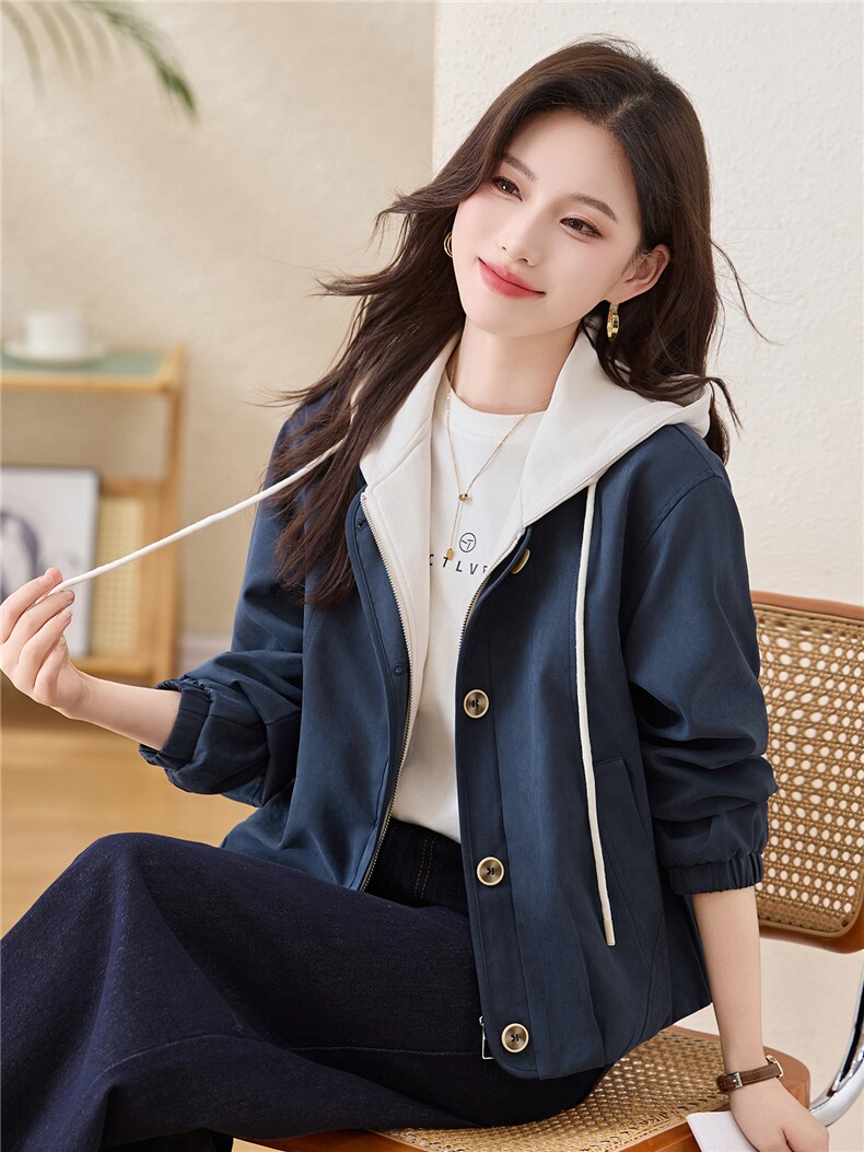 现货大货已出！！2025秋季女装新款时尚减龄假两件拼色连帽外套,女装短外套,以桐