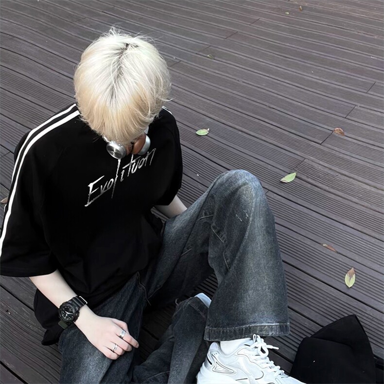 抖音得物高品质二开240克宽松纯棉美式潮牌三条杠织带短袖T恤，男装T恤，电商A486