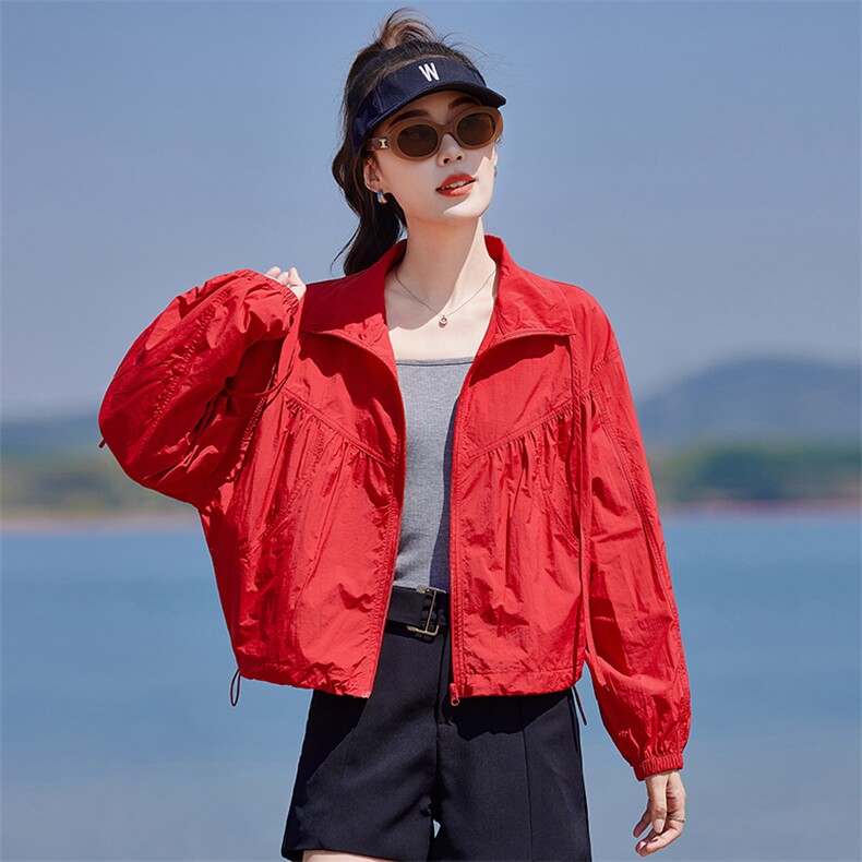 红色宽松防晒衣女2025新款夏季韩版潮流透气减龄小个子休闲短外套，女装防晒衣，靓衣阁