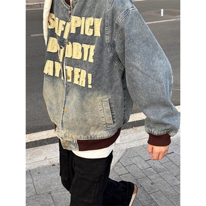 美式潮牌棒球服字母贴布牛仔外套撞色oversize夹克 JK3355 特P79图片