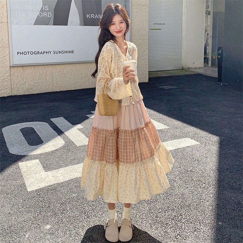 撞色拼接碎花连衣裙套装女2025夏季新款小众系带开衫吊带裙两件套,女装套装/套裙,2C176