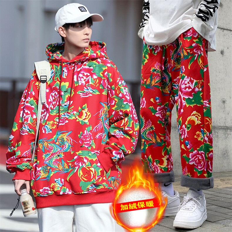 TZ204男女团队冬季加绒加厚连帽卫衣九分裤套装风东北大花潮,男装休闲套装,星座115A(原星座507）