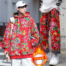 TZ204男女团队冬季加绒加厚连帽卫衣九分裤套装风东北大花潮，男装休闲套装，星座115A(原星座507）