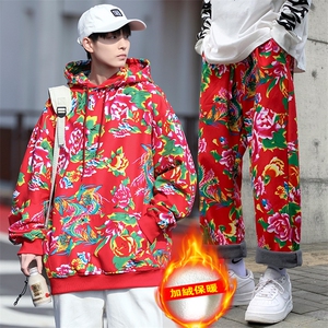 TZ204男女团队冬季加绒加厚连帽卫衣九分裤套装风东北大花潮图片