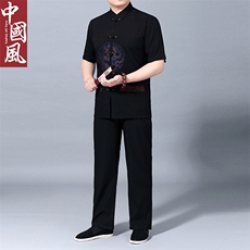 男士套装2023夏季新款中年爸爸短袖唐装男式衬衫风盘扣两件套，男装民族服装，电商B212（原钱塘6029）