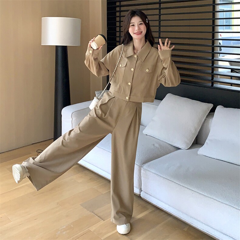 卡其色休闲运动装套装女2024春秋新款穿搭一整套西装阔腿裤两件套图片