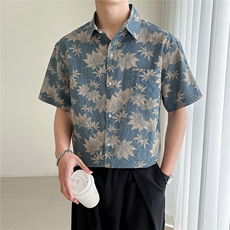 23新款轻熟风树叶花短袖衬衫男士宽松衬衣痞帅TZ98P5078，男装T恤，电商B413