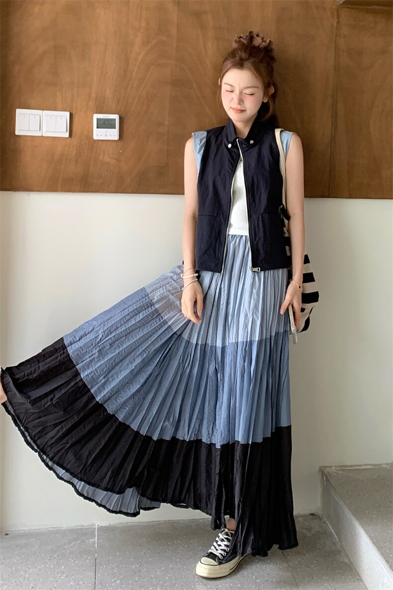 撞色拼接马甲百褶半身长裙子套装女夏2025新款时尚气质休闲两件套,女装套装/套裙,浙宝220
