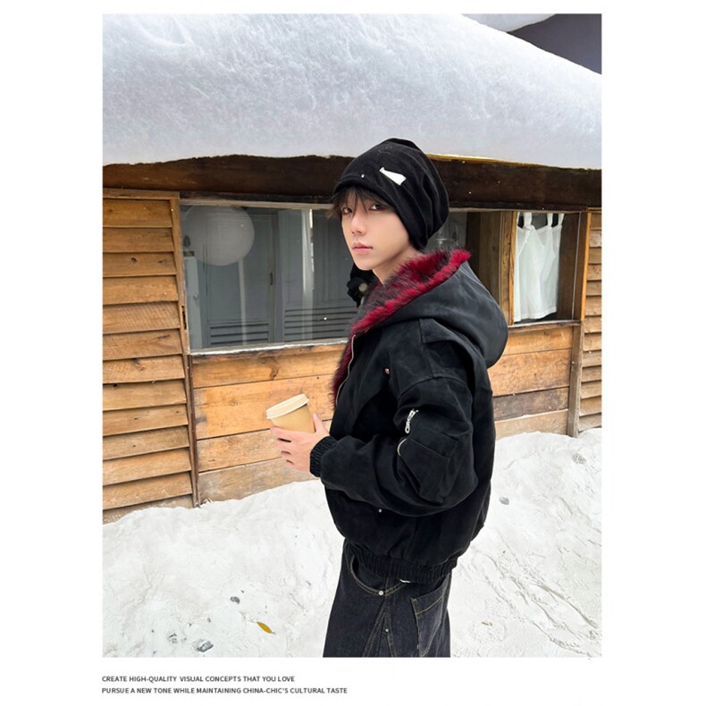 美式复古座山雕毛领连帽男女冬宽松PU皮加厚棉衣SW313P125,男装棉衣,星座1112-1