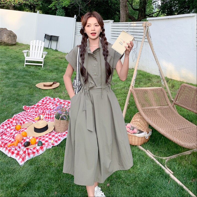可盐可甜工装风绿色连衣裙女2025年夏季新款设计感收腰显瘦A字裙,女装连衣裙,2D014