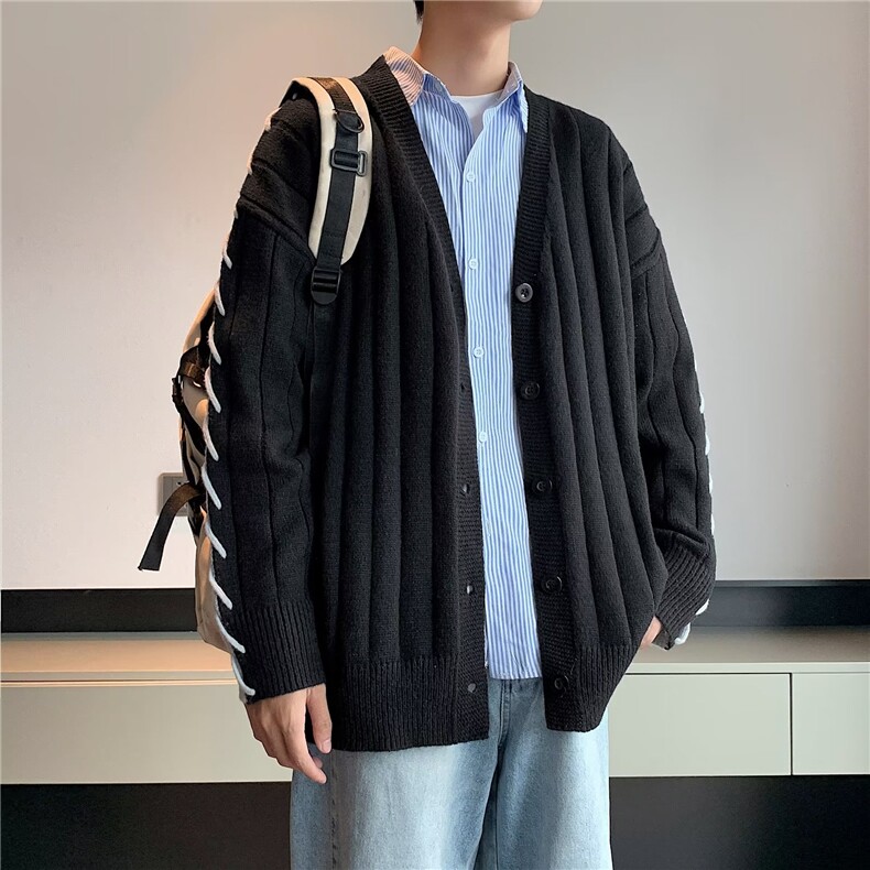 新款港风复古拼色加厚开衫毛衣男宽松V领学生百搭M3120-P58,男装针织衫/毛衣,星座1109-3