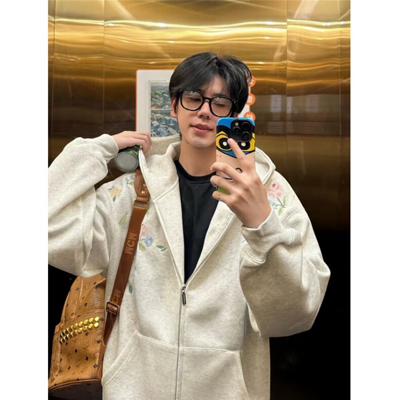 2025春秋款美式新款情侣复古刺绣拉链宽松开衫连帽卫衣花卉外套，女装短外套，星座601-1