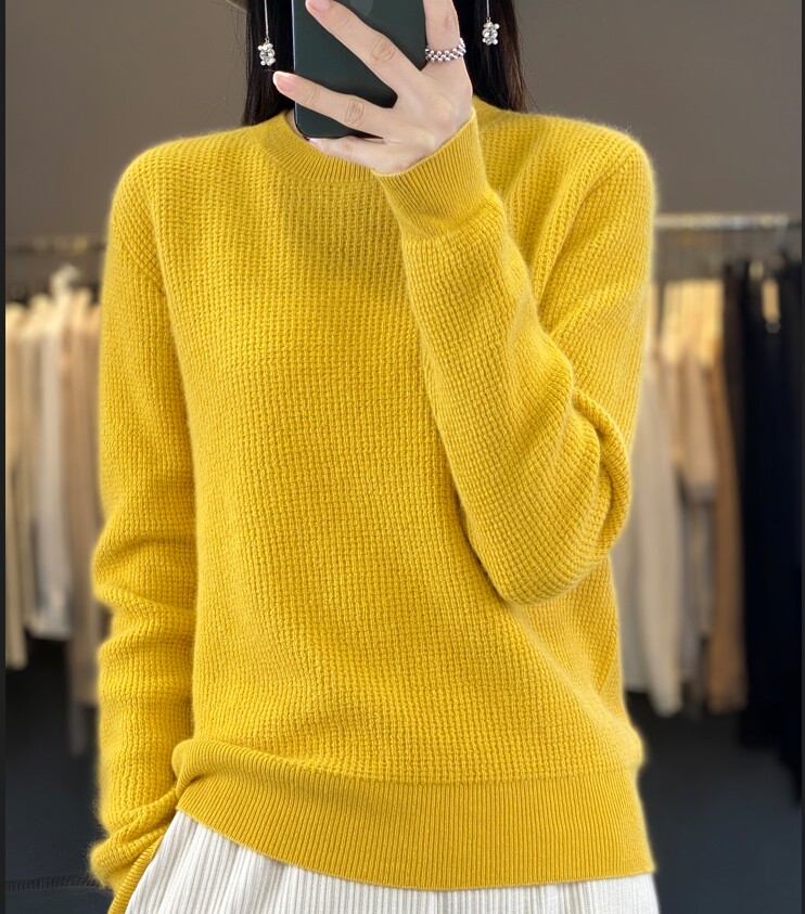 羊毛衫女圆领桂花针纯色长袖毛衣宽松打底衫上衣,女装羊毛衫,犀桦羊绒
