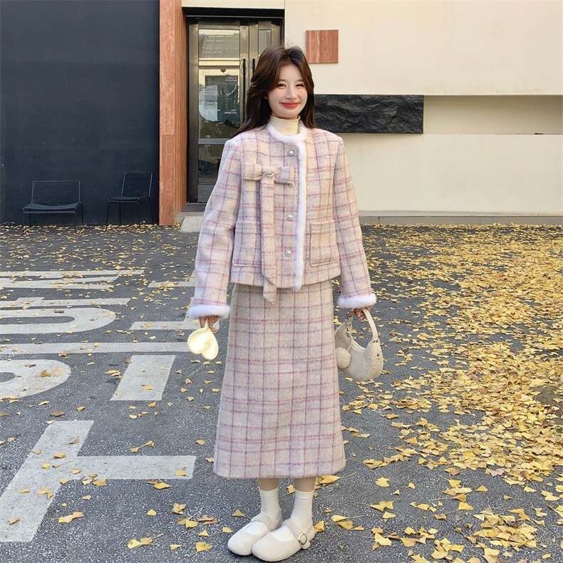 【】时尚潮流粉色格子蝴蝶结羽绒套装K06-P285-K428,女装套装/套裙,2C305